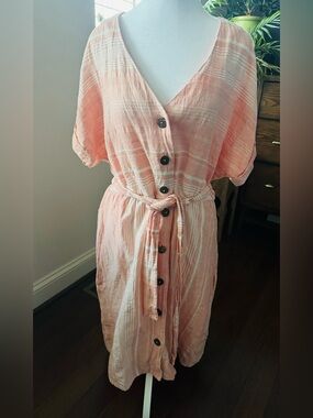 Women's linen Pink Striped Midi Dress with Button Front